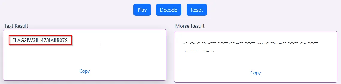 Morse audio decoded on morsefm.com revealing Flag 2